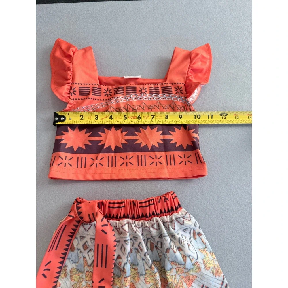 Disney Moana Inspired 2 Piece Costume Set Orange Tribal Print Skirt Top